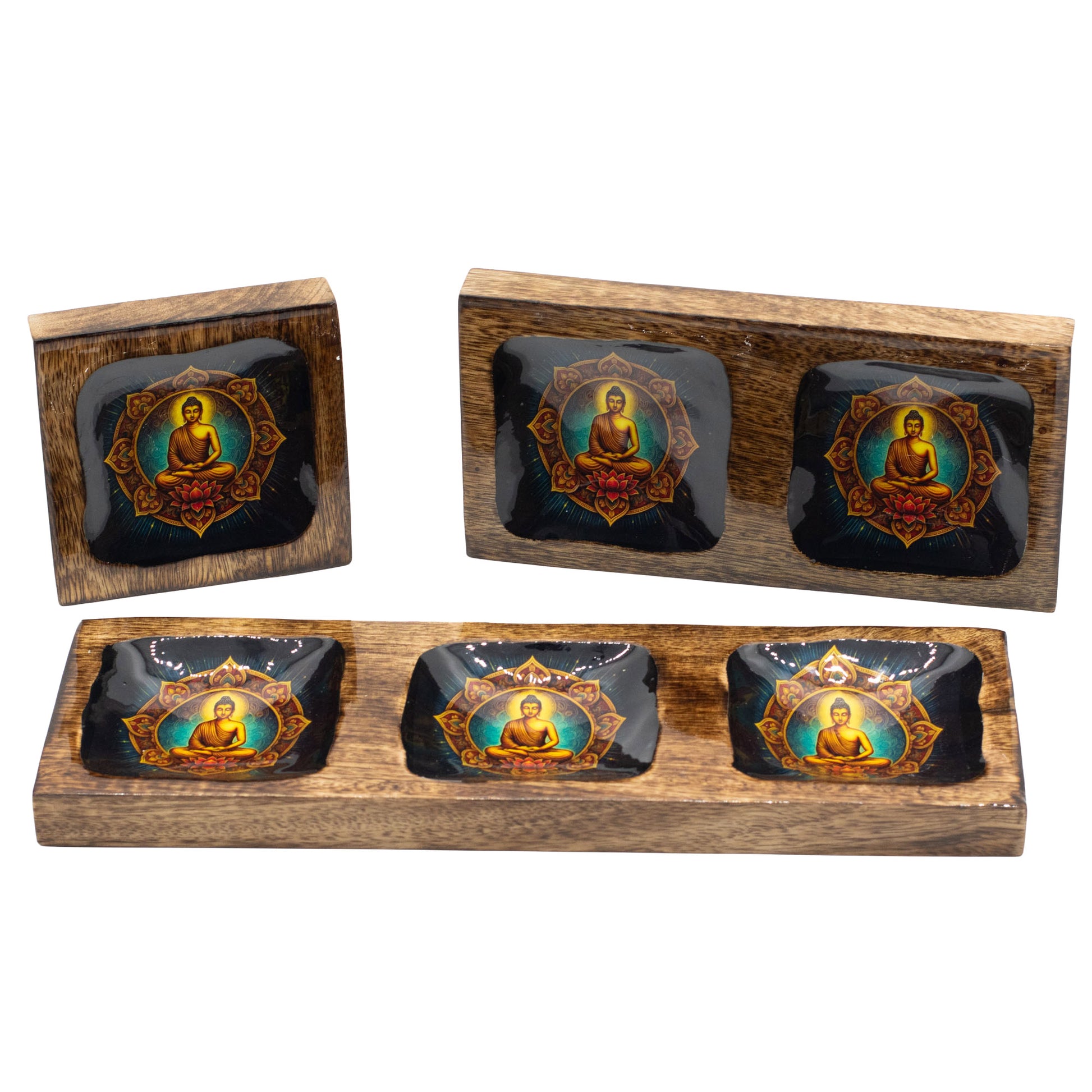 Buddha Enamel Mango Wood Serving & Trinket Tray Set | Large | Set of 3 - Crystal Nest