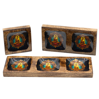 Buddha Enamel Mango Wood Serving & Trinket Tray Set | Large | Set of 3 - Crystal Nest