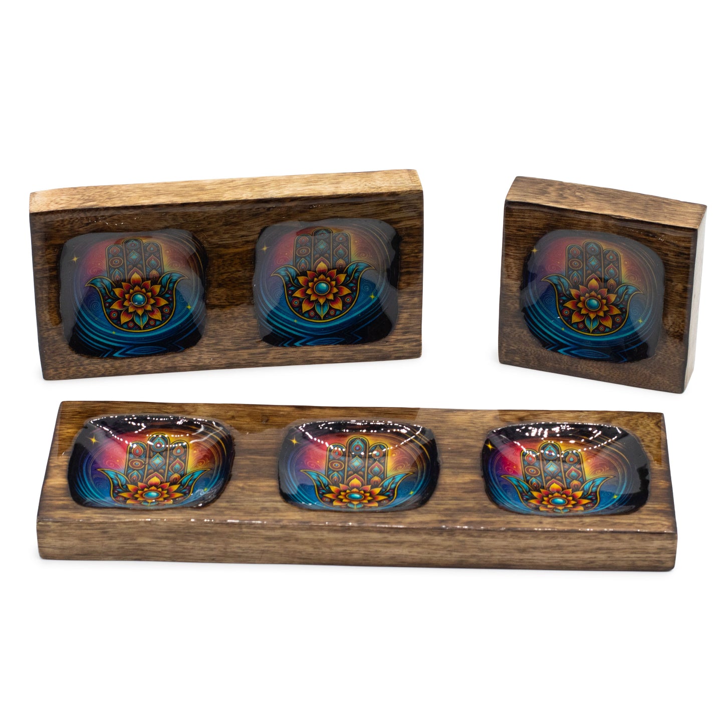 Hamsa Enamel Mango Wood Serving & Trinket Tray Set | Medium | Set of 3 - Crystal Nest