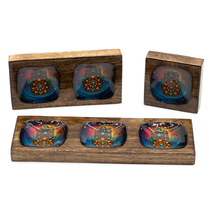 Hamsa Enamel Mango Wood Serving & Trinket Tray Set | Medium | Set of 3 - Crystal Nest