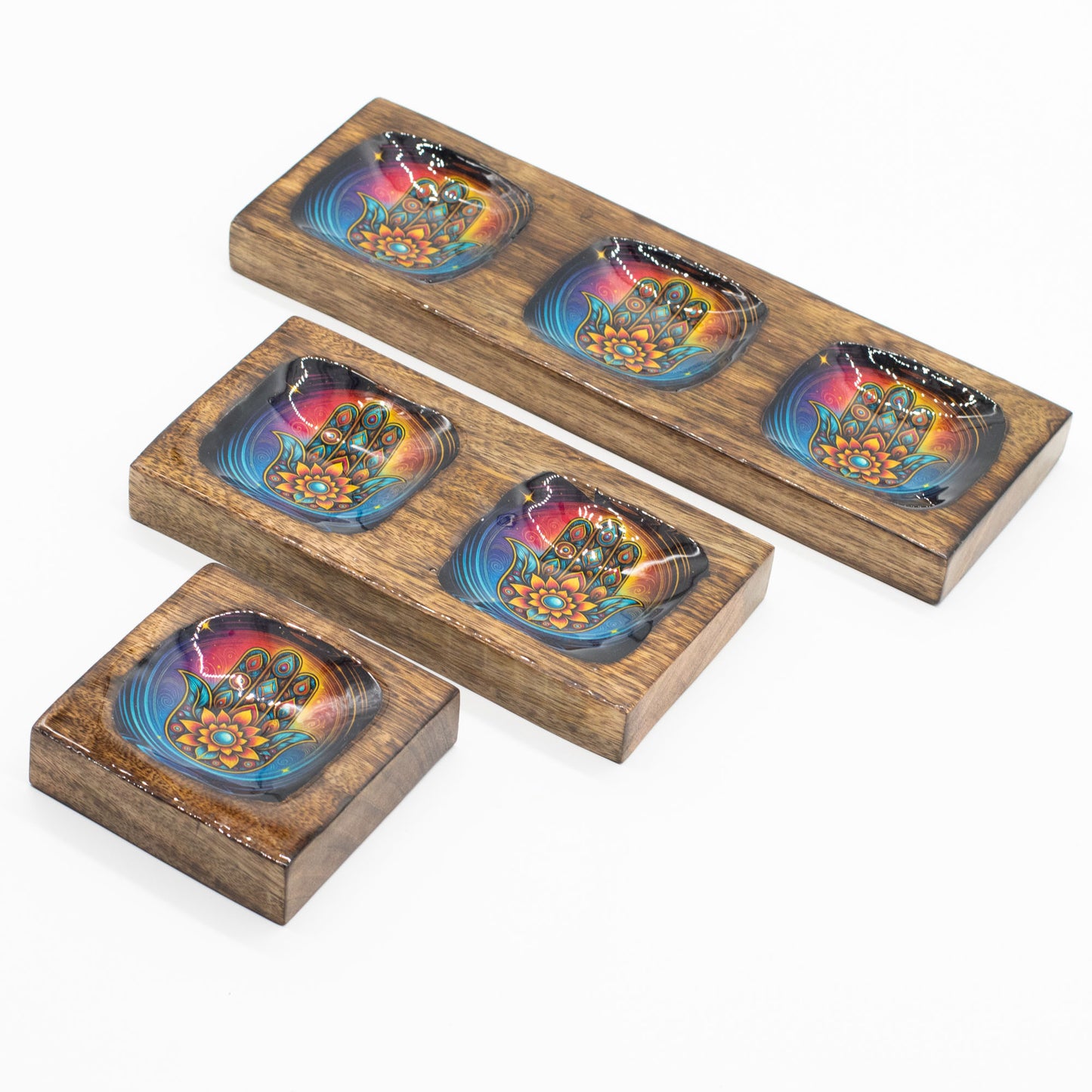 Hamsa Enamel Mango Wood Serving & Trinket Tray Set | Medium | Set of 3 - Crystal Nest