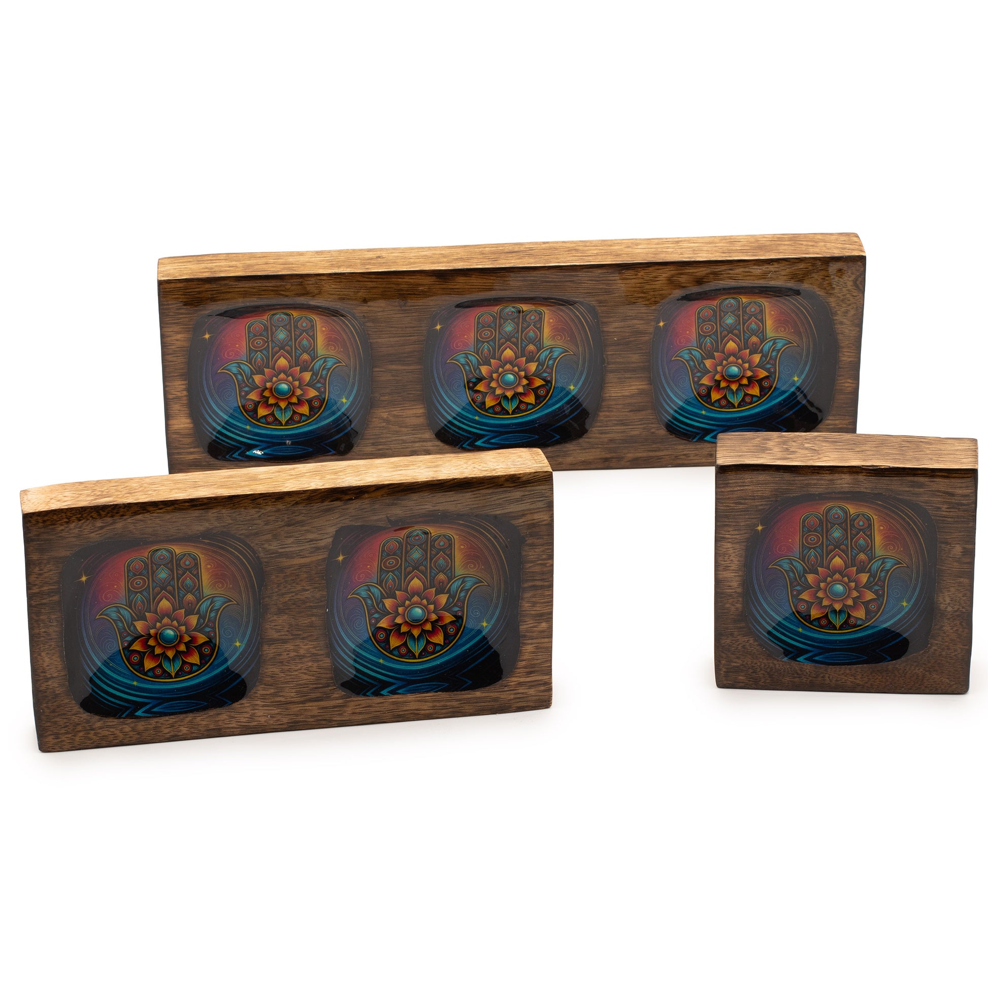Hamsa Enamel Mango Wood Serving & Trinket Tray Set | Medium | Set of 3 - Crystal Nest
