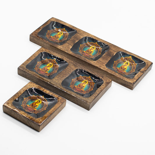 Buddha Enamel Mango Wood Serving & Trinket Tray Set | Large | Set of 3 - Crystal Nest