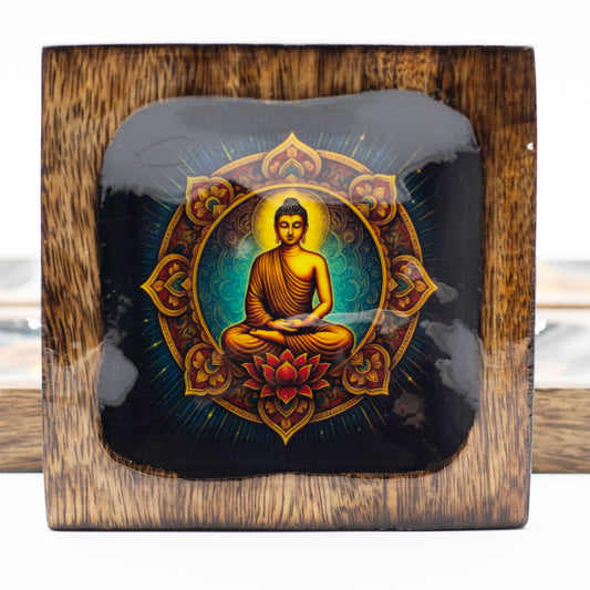 Buddha Enamel Mango Wood Serving & Trinket Tray Set | Large | Set of 3 - Crystal Nest