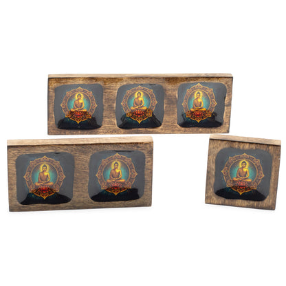 Buddha Enamel Mango Wood Serving & Trinket Tray Set | Large | Set of 3 - Crystal Nest