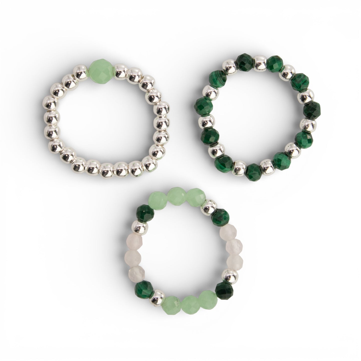 Forest Spirit Nymph Ring Set | Aventurine, Malachite & Rose Quartz Stackable Rings - Crystal Nest