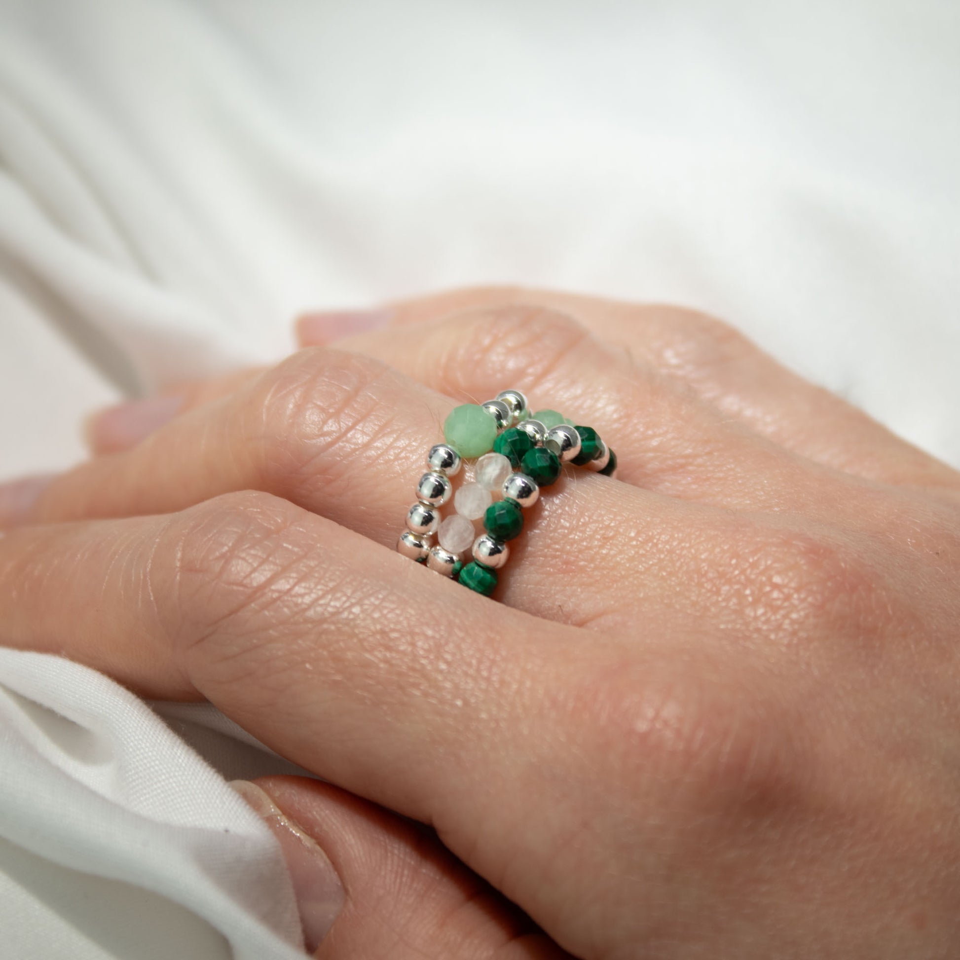 Forest Spirit Nymph Ring Set | Aventurine, Malachite & Rose Quartz Stackable Rings - Crystal Nest