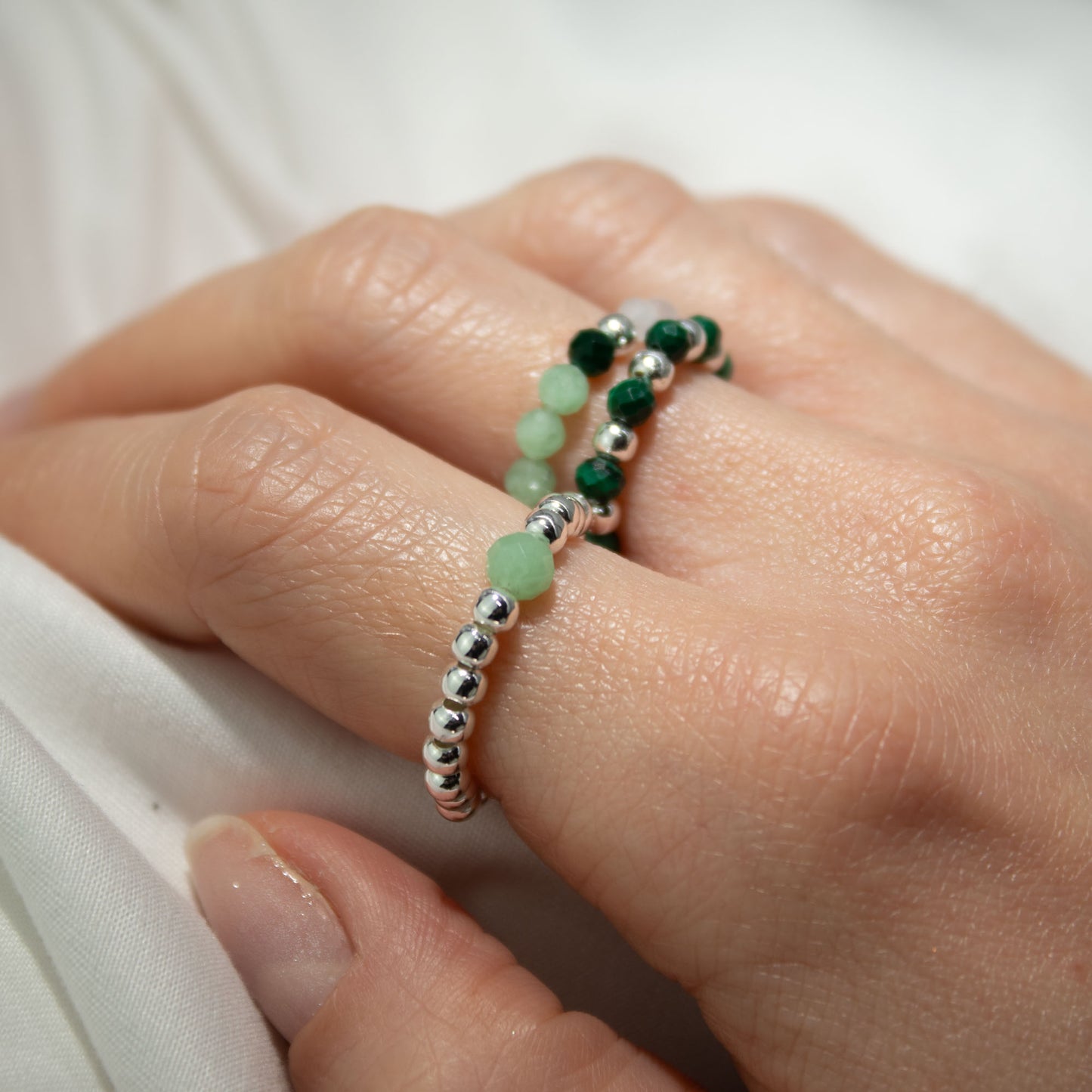 Forest Spirit Nymph Ring Set | Aventurine, Malachite & Rose Quartz Stackable Rings - Crystal Nest