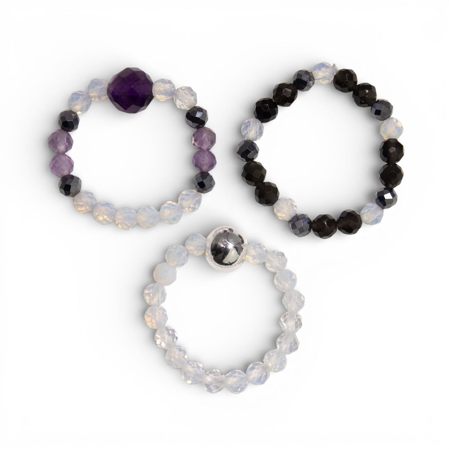Full Moon Nymph Ring Set | Moonstone, Black Obsidian & Amethyst Stackable Rings
