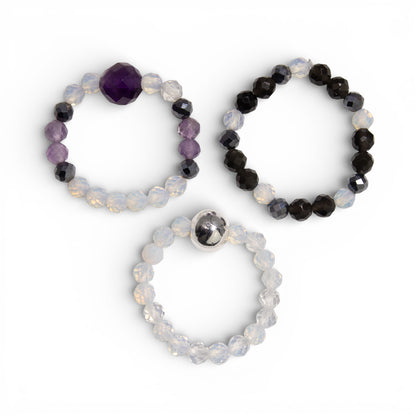 Full Moon Nymph Ring Set | Moonstone, Black Obsidian & Amethyst Stackable Rings