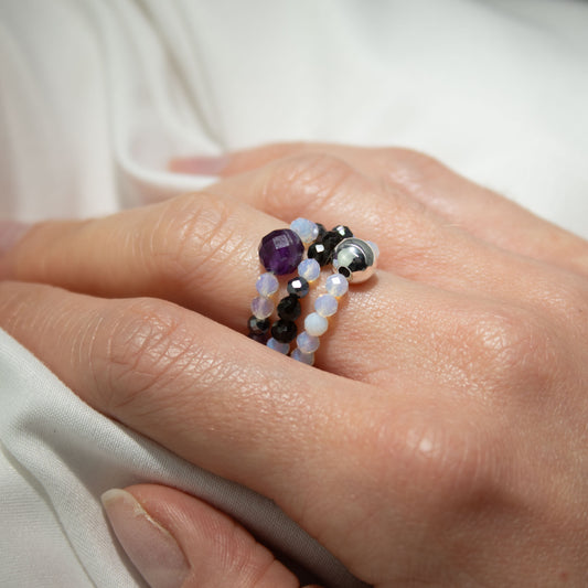 Full Moon Nymph Ring Set | Moonstone, Black Obsidian & Amethyst Stackable Rings
