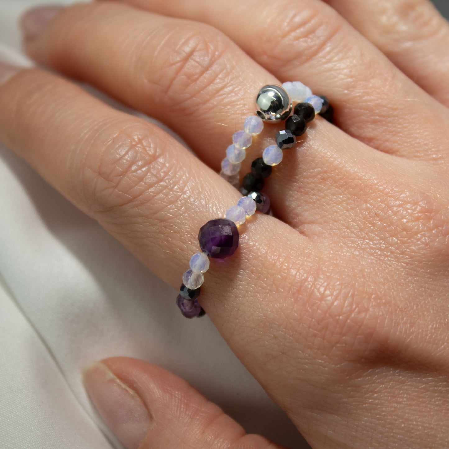 Full Moon Nymph Ring Set | Moonstone, Black Obsidian & Amethyst Stackable Rings