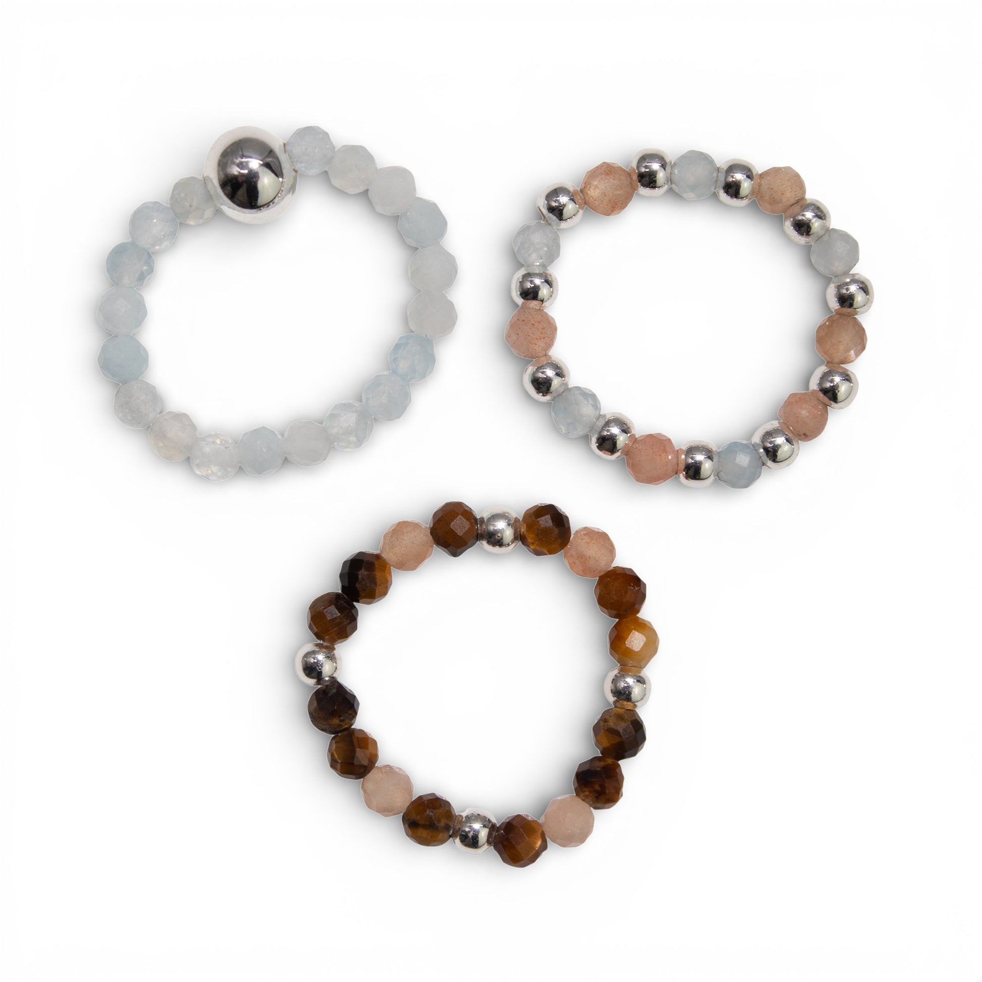 Sea Sunset Nymph Ring Set | Aquamarine, Tiger’s Eye & Sunstone Stackable Rings - Crystal Nest