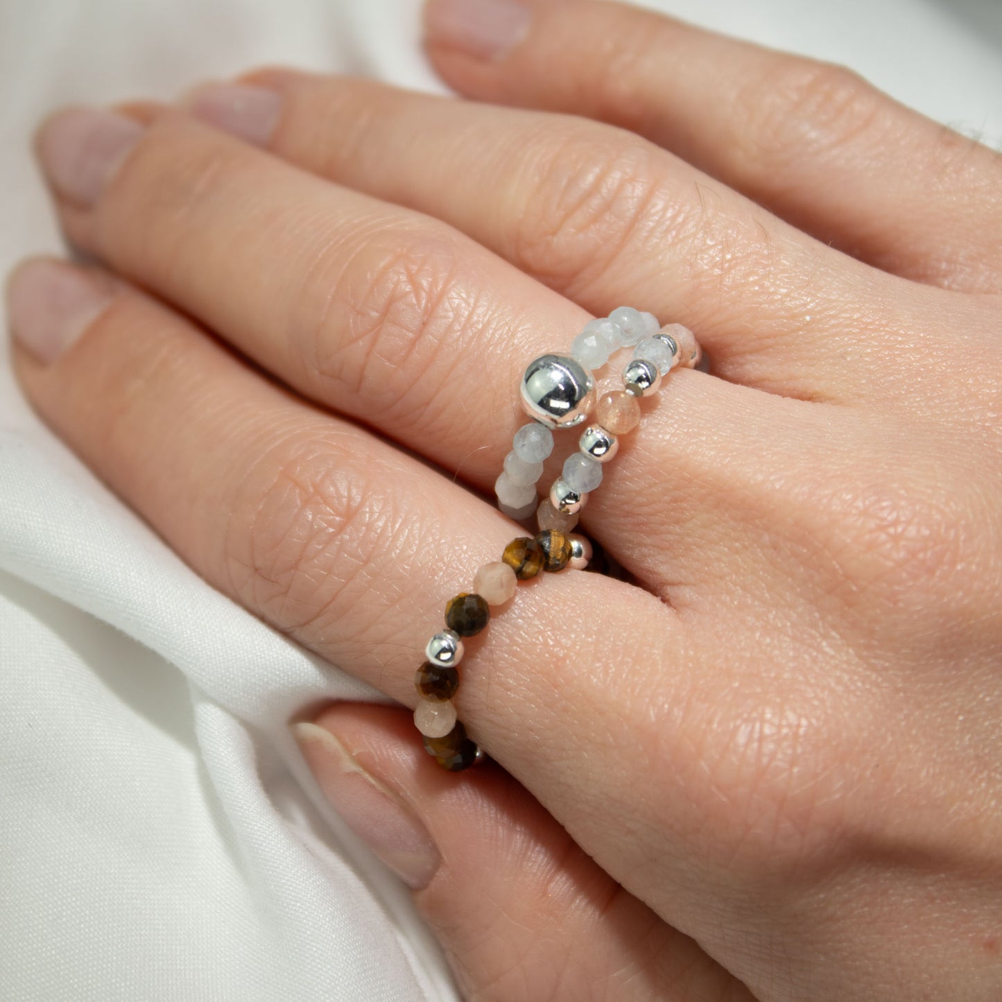 Sea Sunset Nymph Ring Set | Aquamarine, Tiger’s Eye & Sunstone Stackable Rings - Crystal Nest