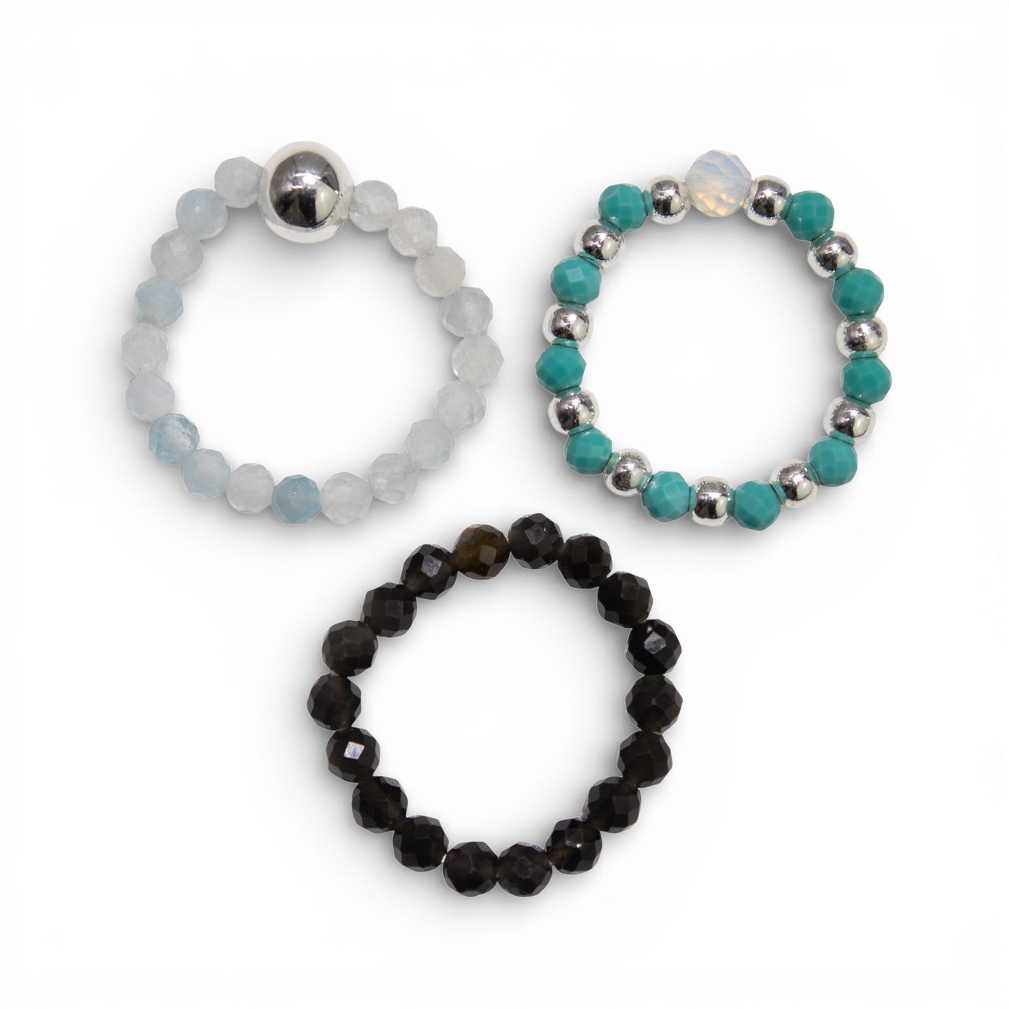 Endless Ocean Nymph Ring Set | Aquamarine, Turquoise & Black Obsidian Stackable Ring - Crystal Nest