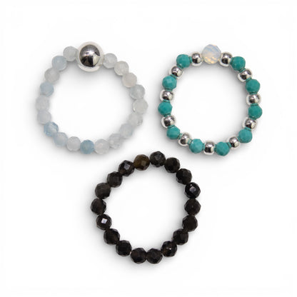 Endless Ocean Nymph Ring Set | Aquamarine, Turquoise & Black Obsidian Stackable Ring - Crystal Nest