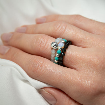 Endless Ocean Nymph Ring Set | Aquamarine, Turquoise & Black Obsidian Stackable Ring - Crystal Nest
