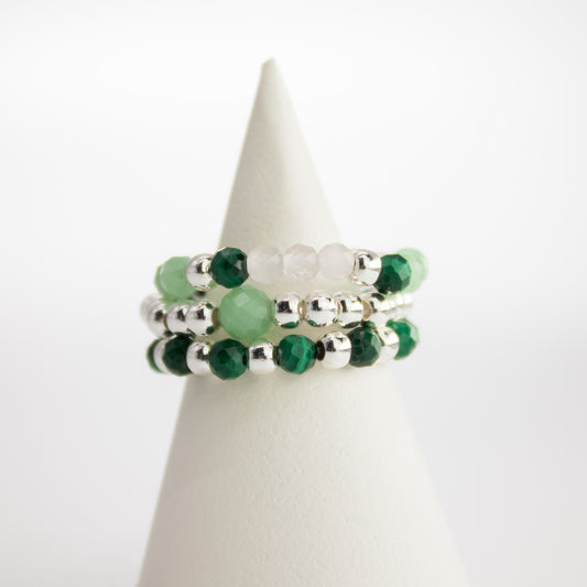 Forest Spirit Nymph Ring Set | Aventurine, Malachite & Rose Quartz Stackable Rings
