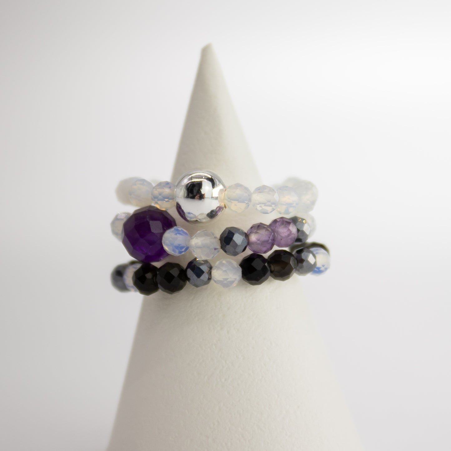 Full Moon Nymph Ring Set | Moonstone, Black Obsidian & Amethyst Stackable Rings