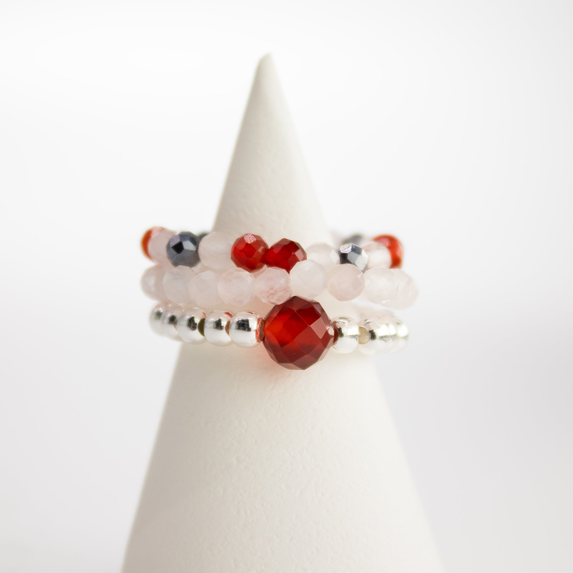 Love & Flame Nymph Ring Set | Rose Quartz & Ruby Stackable Rings - Crystal Nest