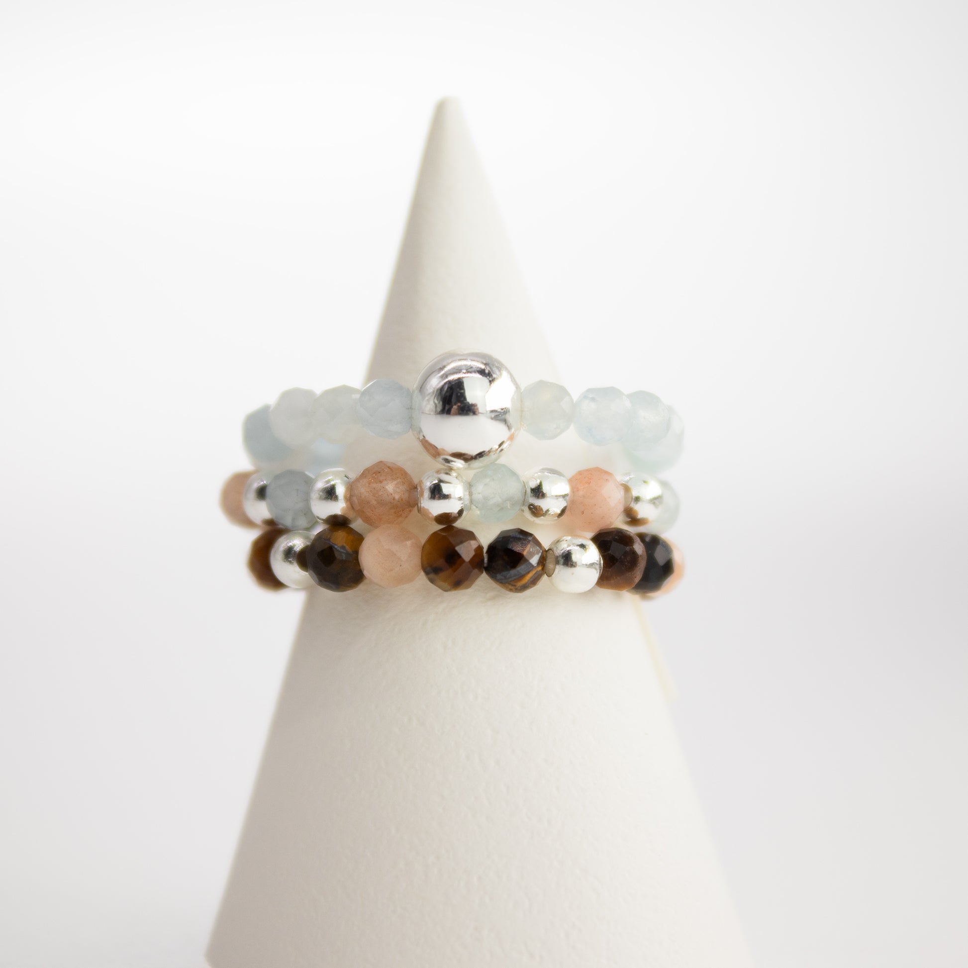 Sea Sunset Nymph Ring Set | Aquamarine, Tiger’s Eye & Sunstone Stackable Rings - Crystal Nest
