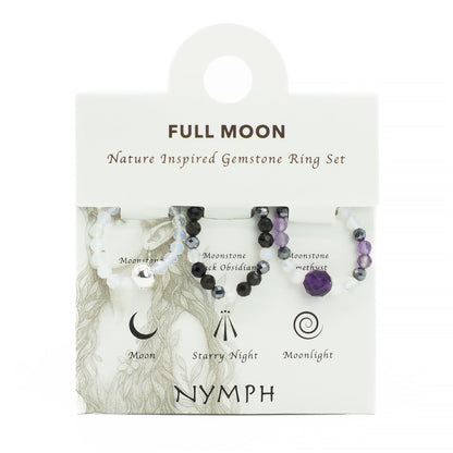 Full Moon Nymph Ring Set | Moonstone, Black Obsidian & Amethyst Stackable Rings