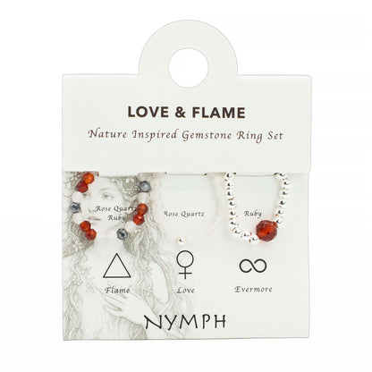 Love & Flame Nymph Ring Set | Rose Quartz & Ruby Stackable Rings - Crystal Nest