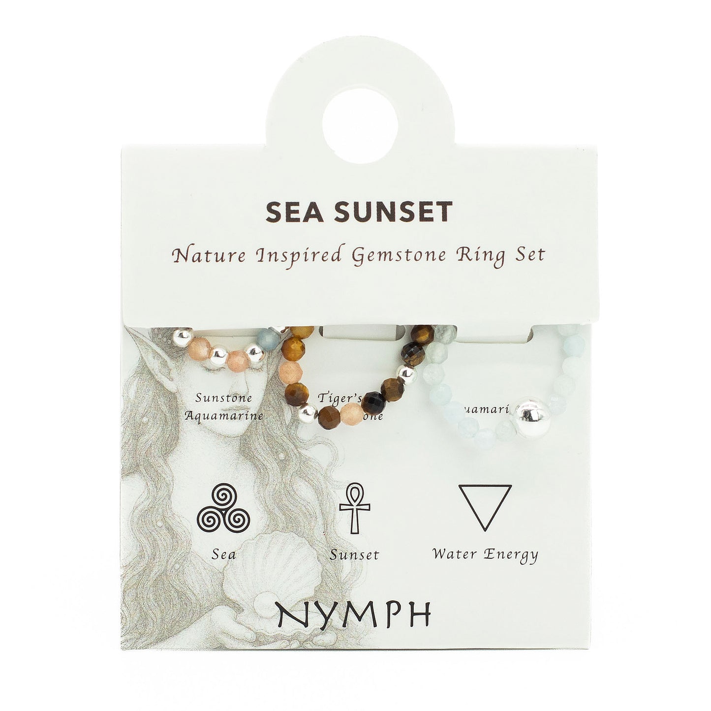 Sea Sunset Nymph Ring Set | Aquamarine, Tiger’s Eye & Sunstone Stackable Rings - Crystal Nest