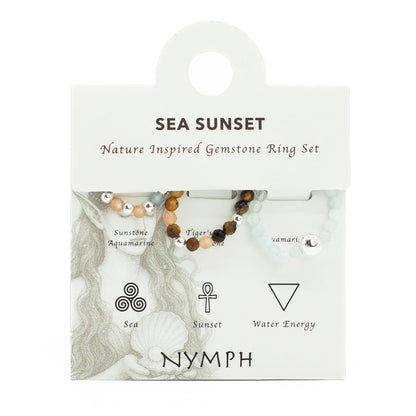 Sea Sunset Nymph Ring Set | Aquamarine, Tiger’s Eye & Sunstone Stackable Rings - Crystal Nest