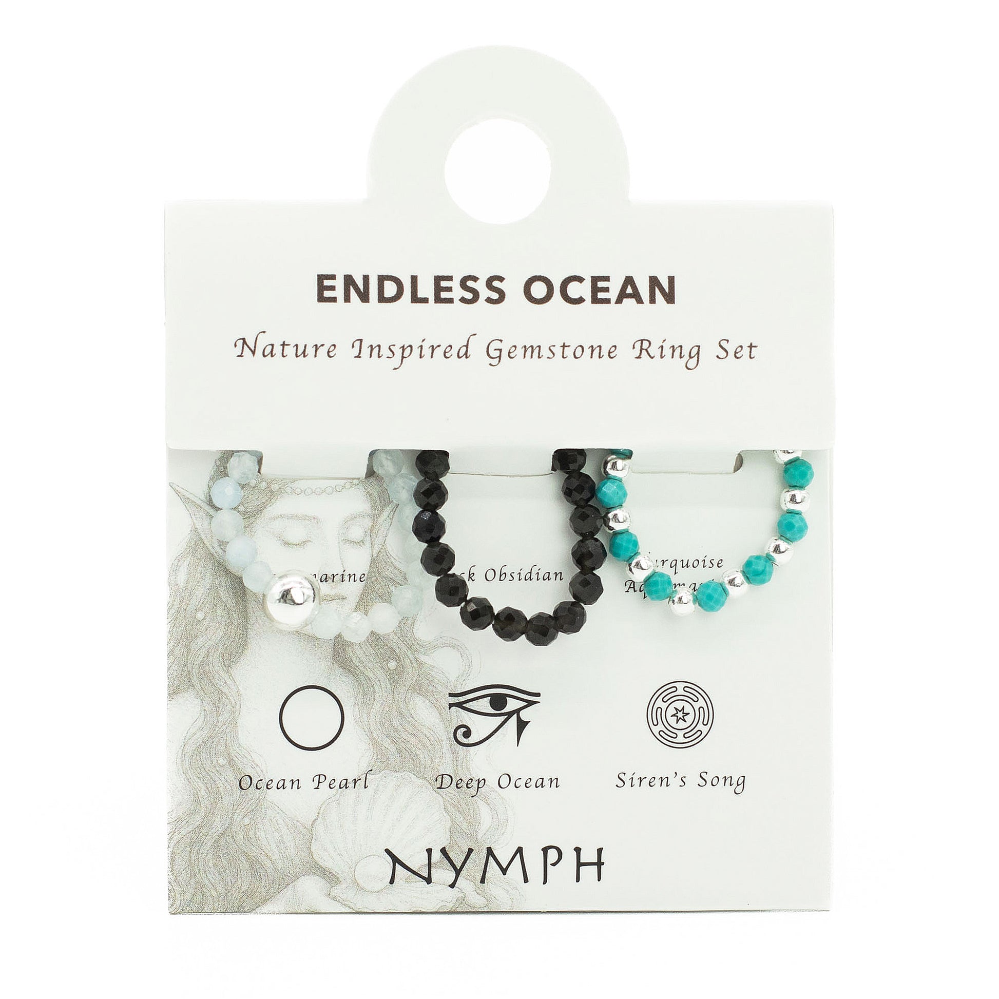 Endless Ocean Nymph Ring Set | Aquamarine, Turquoise & Black Obsidian Stackable Ring - Crystal Nest