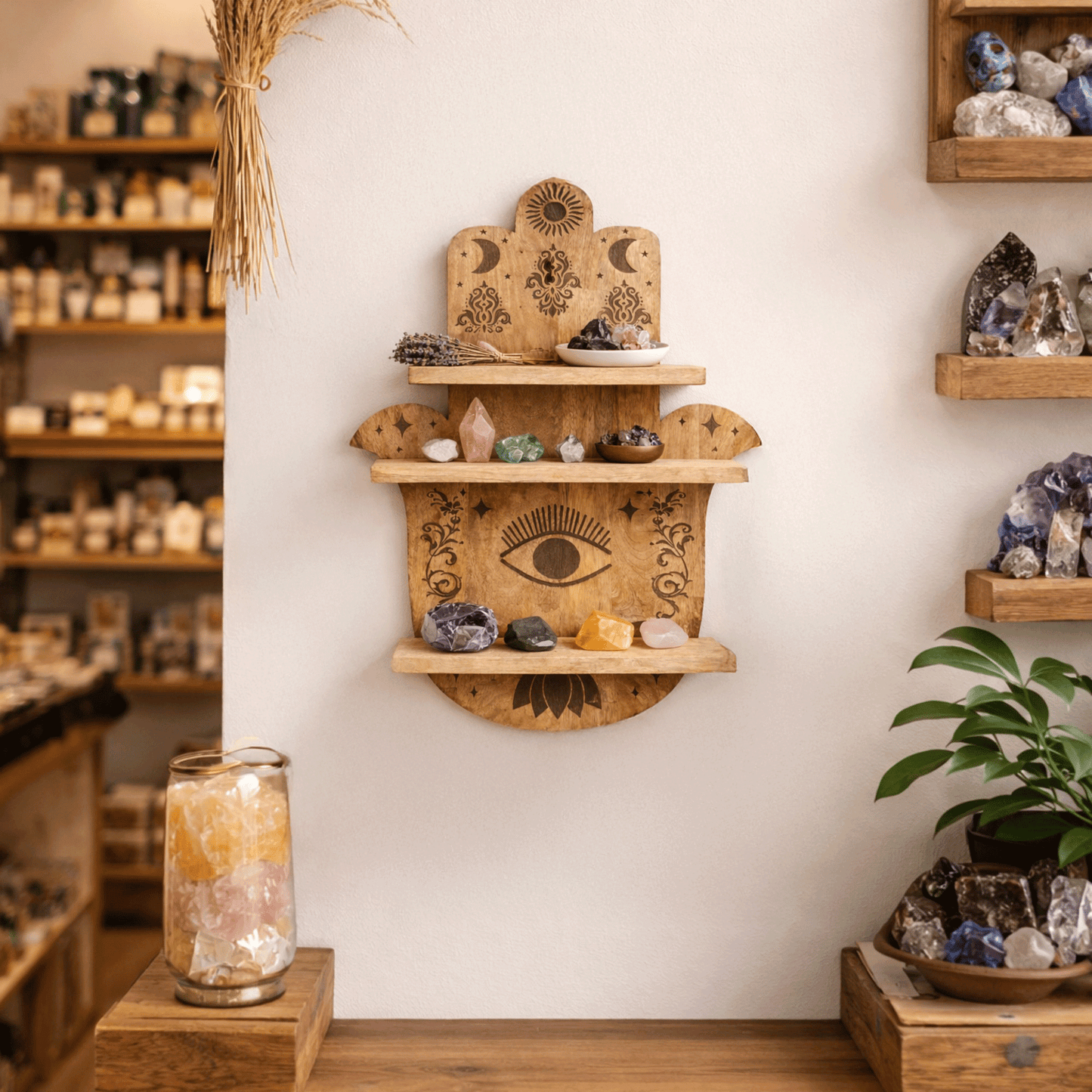 Hamsa Hand Wooden Wall Shelf - Crystal Nest