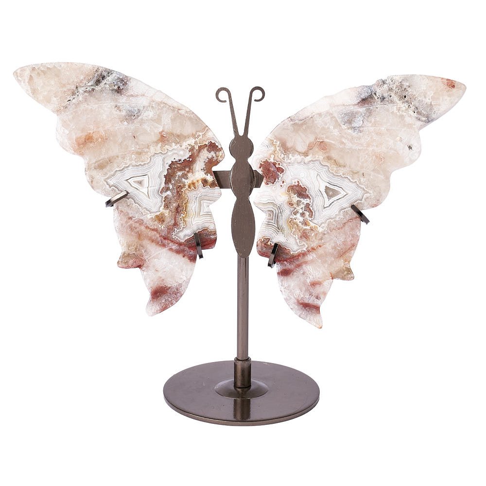 Crazy Lace Agate Butterfly on Metal Stand - Crystal Nest