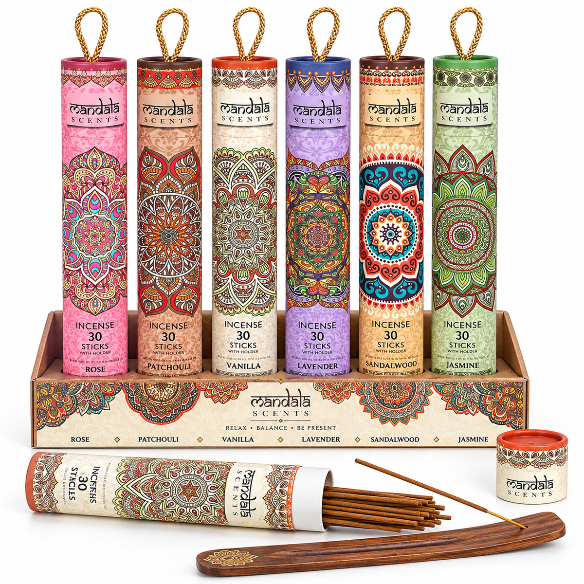 Mandala Incense Gift Set | 6 Fragrances, 180 Sticks & Wooden Holders