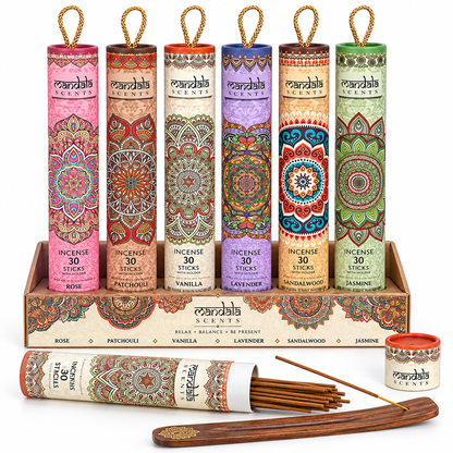 Mandala Incense Gift Set | 6 Fragrances, 180 Sticks & Wooden Holders