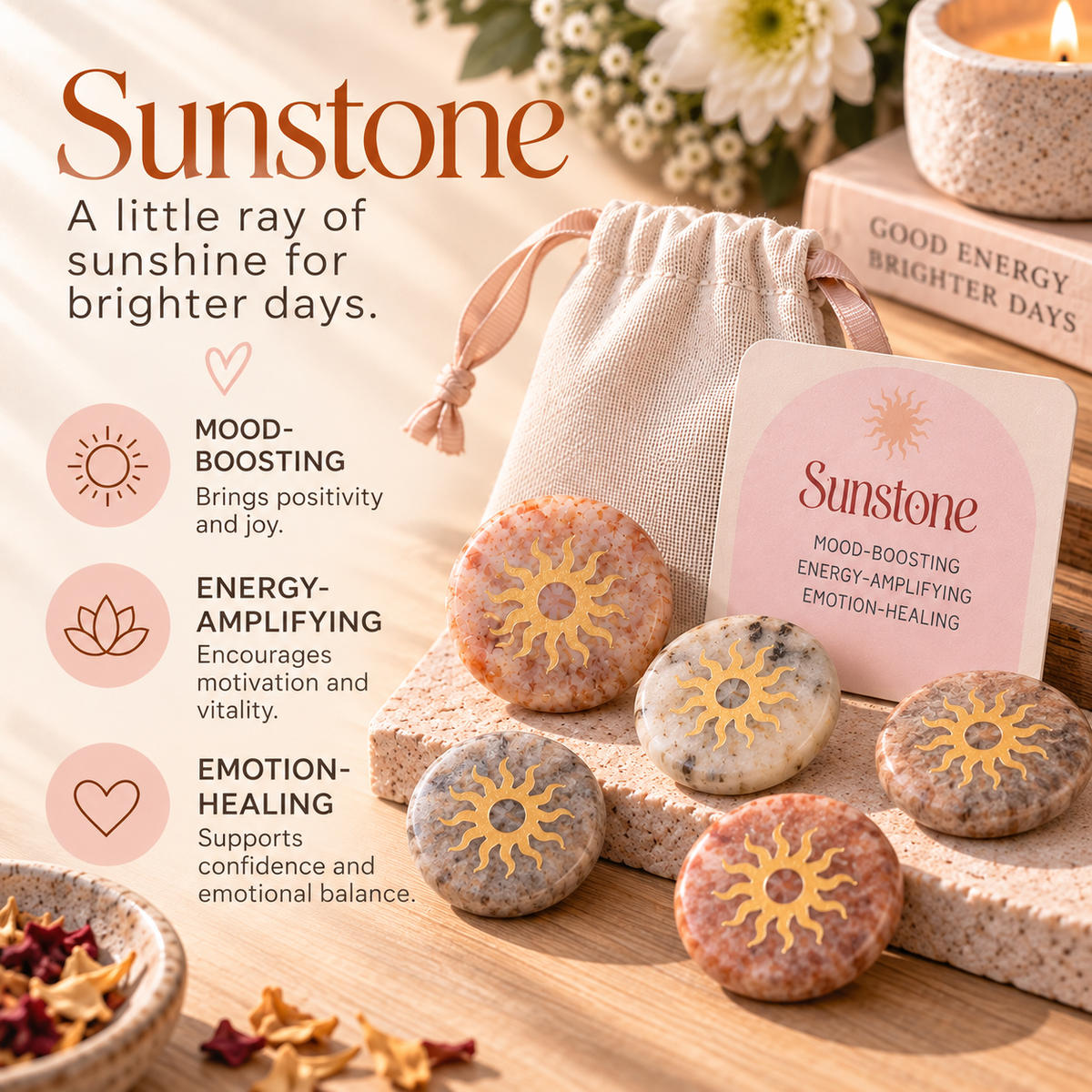 Sunstone Meditation Stone in Gift Pouch | Positivity & Joy