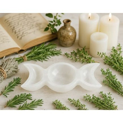 Selenite Triple Moon Goddess Bowl | Spiritual Dish for Crystal Charging & Cleansing - Crystal Nest