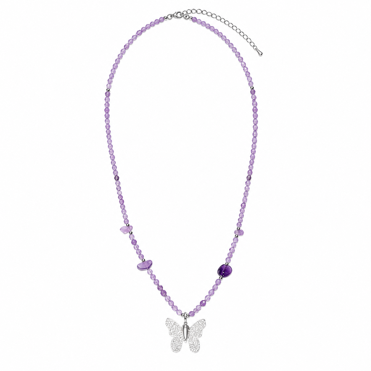 Amethyst Gemstone Necklace with Real Leaf Butterfly Pendant