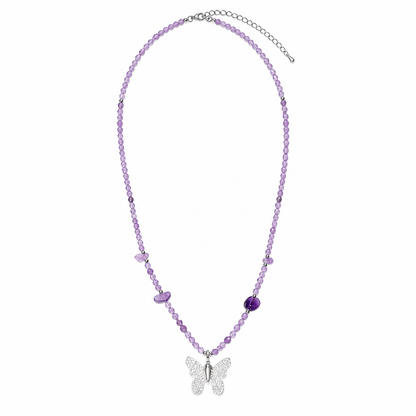 Amethyst Gemstone Necklace with Real Leaf Butterfly Pendant