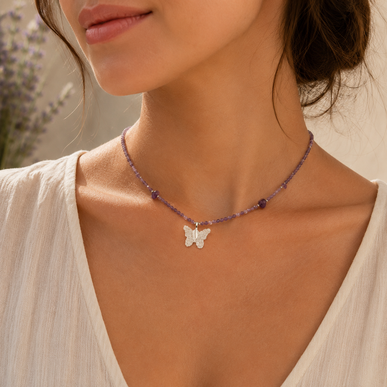 Amethyst Gemstone Necklace with Real Leaf Butterfly Pendant