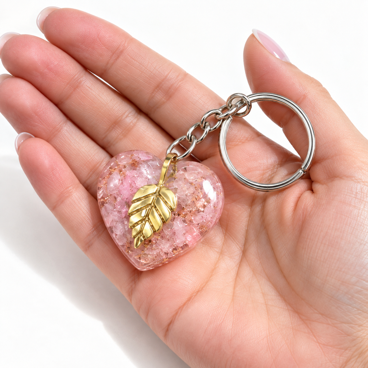Rose Quartz Golden Leaf Orgonite Heart Keyring