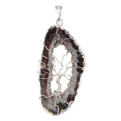 Natural Geode & Tree of Life Pendant - Silver Plated