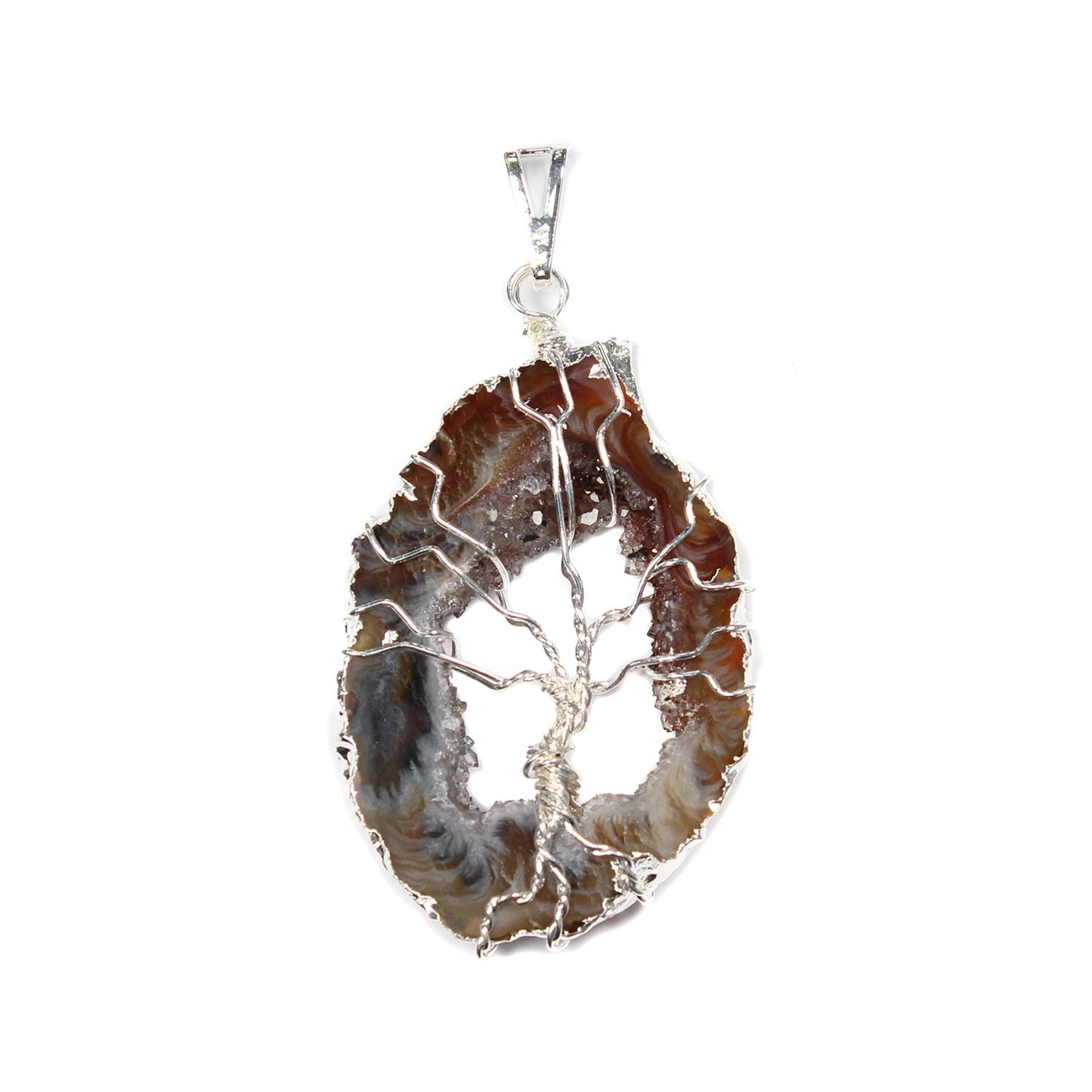 Natural Geode & Tree of Life Pendant - Silver Plated