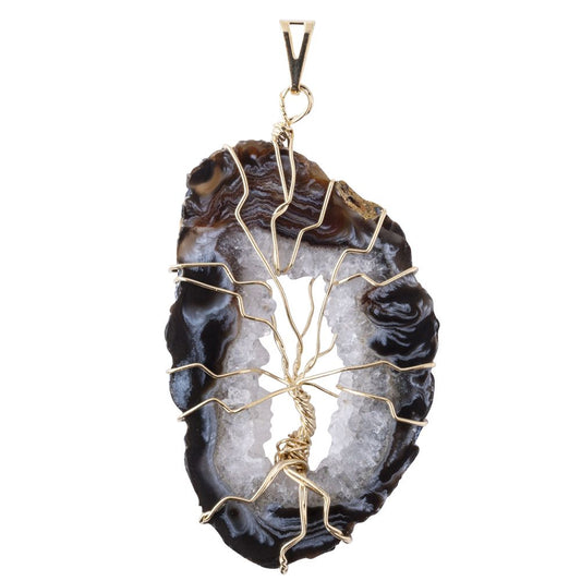 Natural Geode & Tree of Life Pendant - Gold Plated