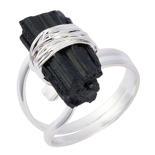 Black Tourmaline Raw Crystal Point Ring