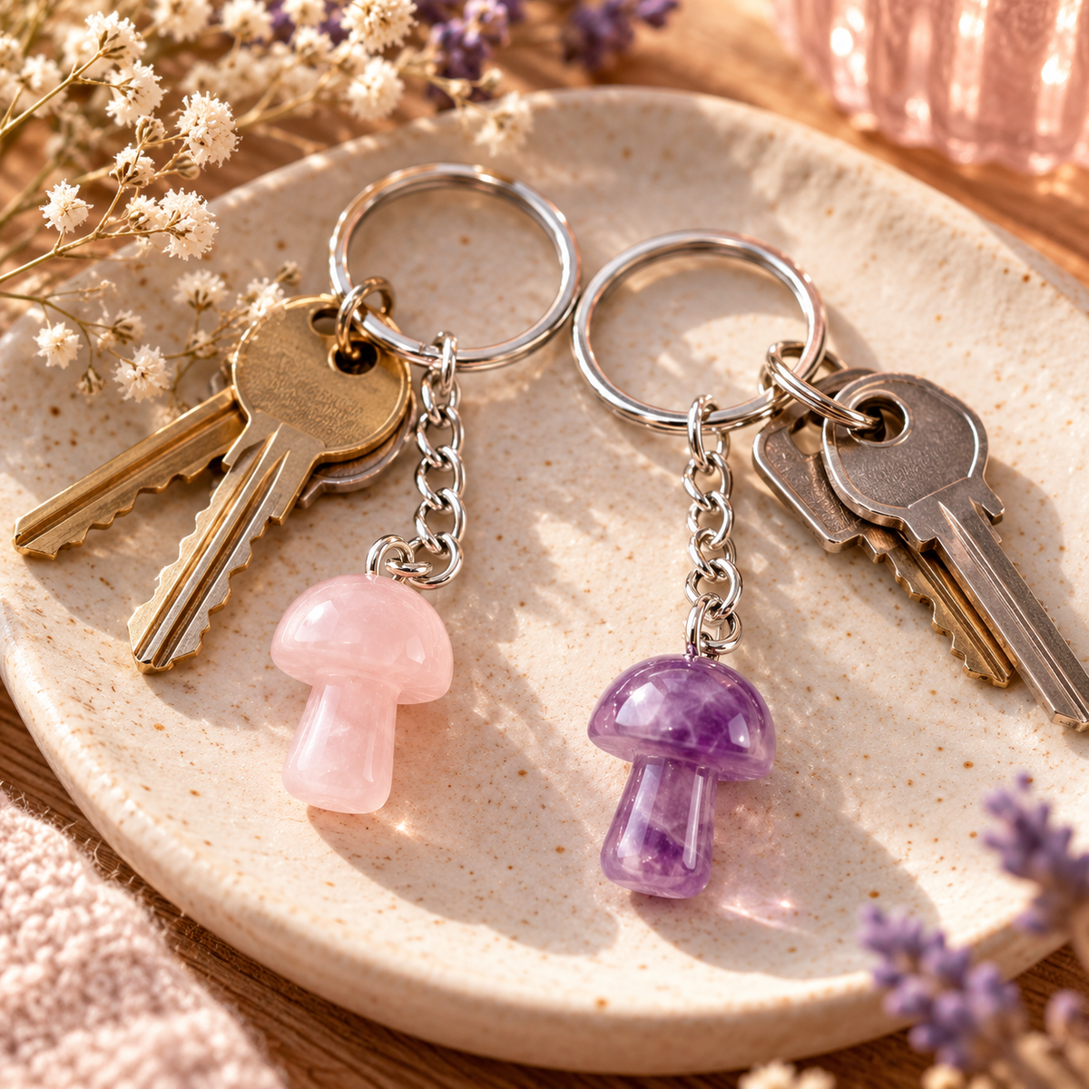 Rose Quartz Mushroom Crystal Keyring