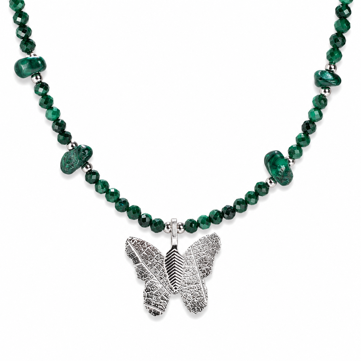 Malachite Gemstone Necklace with Real Leaf Butterfly Pendant