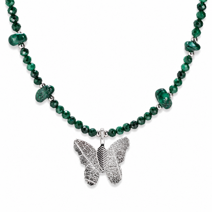 Malachite Gemstone Necklace with Real Leaf Butterfly Pendant