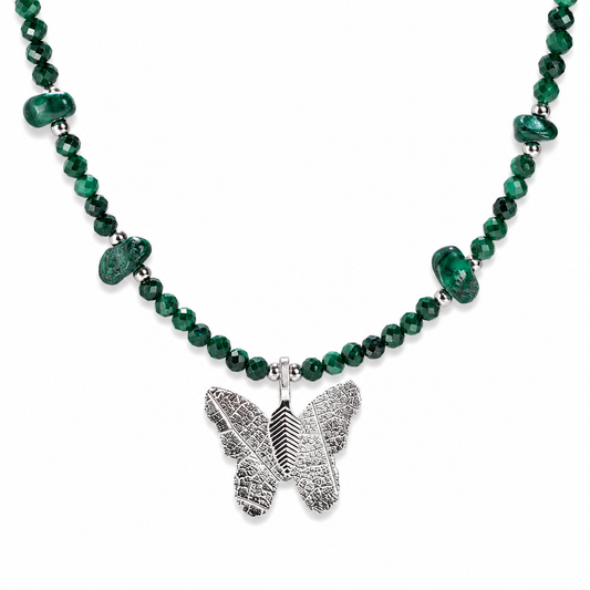 Malachite Gemstone Necklace with Real Leaf Butterfly Pendant
