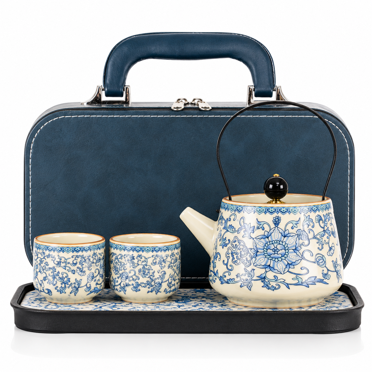 Ru Blue Tea Ceremony Gift Set | Luxury Teapot & Two Cups with Storage Case