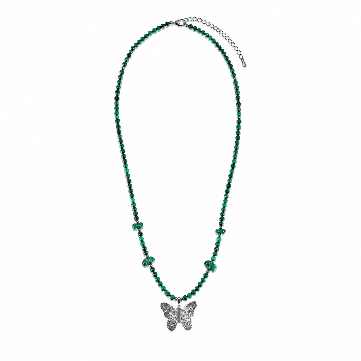 Malachite Gemstone Necklace with Real Leaf Butterfly Pendant